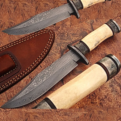 Custom Made Damascus Steel Deluxe Hunting Knife w/ Camel & Giraffe Bone