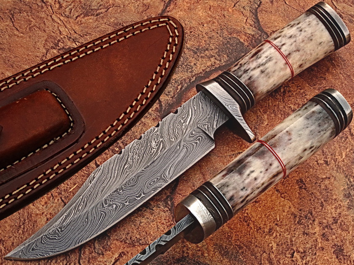 Out Class  Damascus Steel Hunting Knife w/ Giraffe Bone Handle
