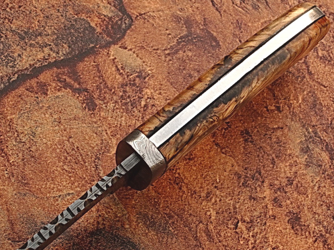 White Deer Damascus Steel Hunting Knife w/ Burl Olive Wood Hand