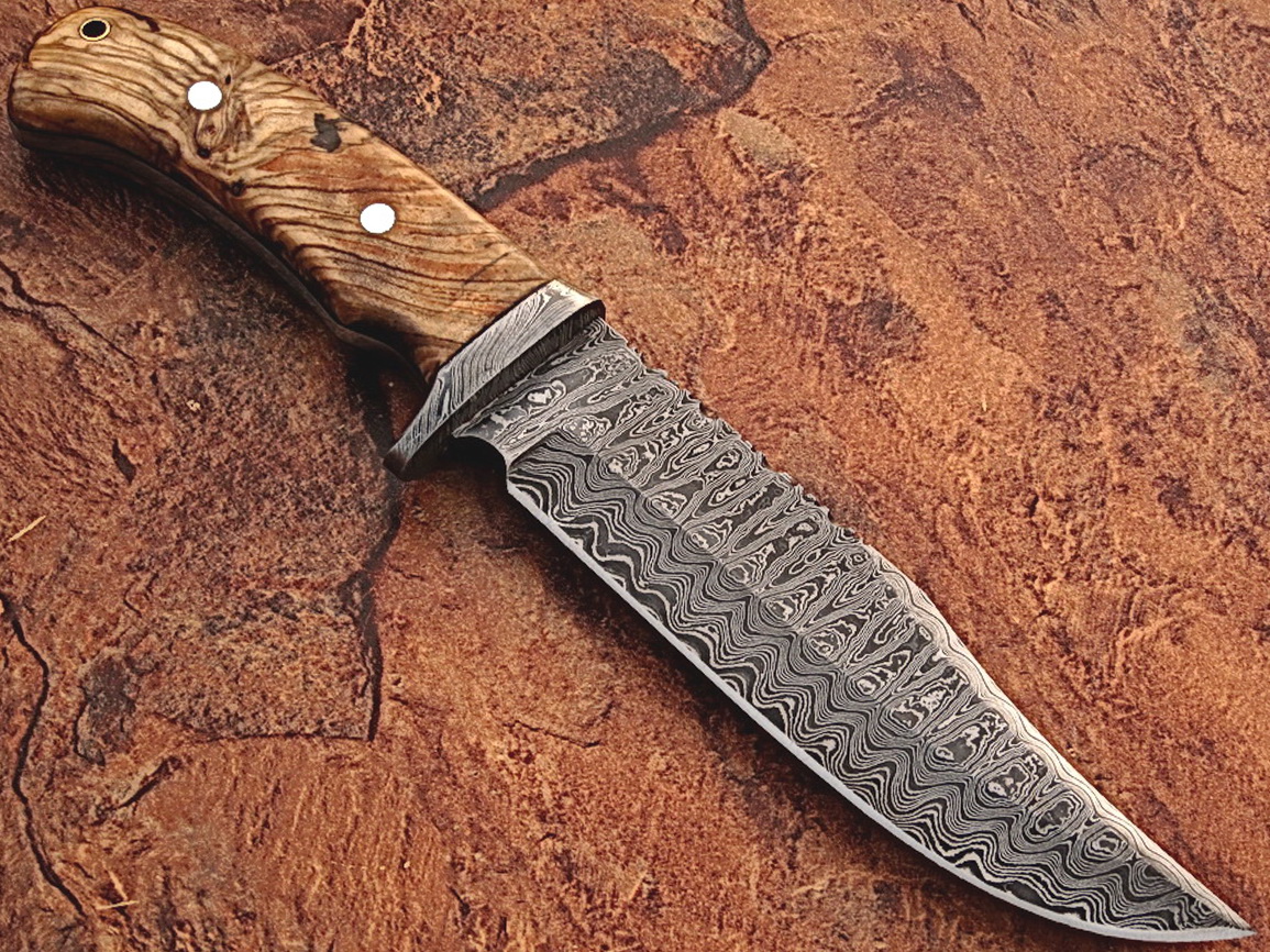 White Deer Damascus Steel Hunting Knife w/ Burl Olive Wood Hand