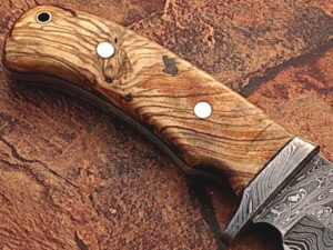White Deer Damascus Steel Hunting Knife w/ Burl Olive Wood Hand