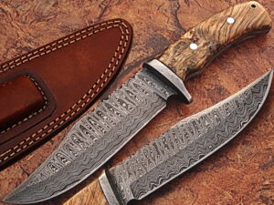White Deer Damascus Steel Hunting Knife w/ Burl Olive Wood Hand