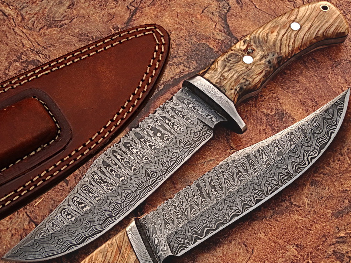 White Deer Damascus Steel Hunting Knife w/ Burl Olive Wood Hand