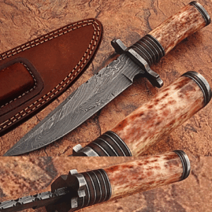 Custom Made Damascus Steel Hunting Knife w/ Boon Handle