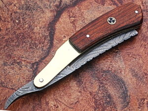 White Deer Damascus Steel Straight Razor w/ Wood & Brass Handle