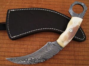 Custom Made Damascus Karambit Knife Bone Handle Beautiful Mosaic