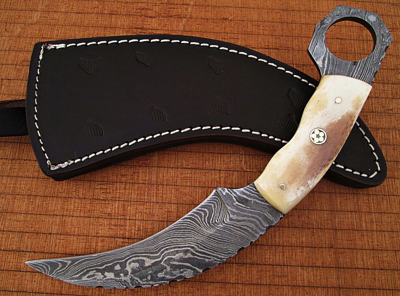 Custom Made Damascus Karambit Knife Bone Handle Beautiful Mosaic