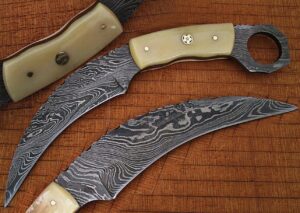 Custom Made Damascus Karambit Knife Bone Handle Beautiful Mosaic