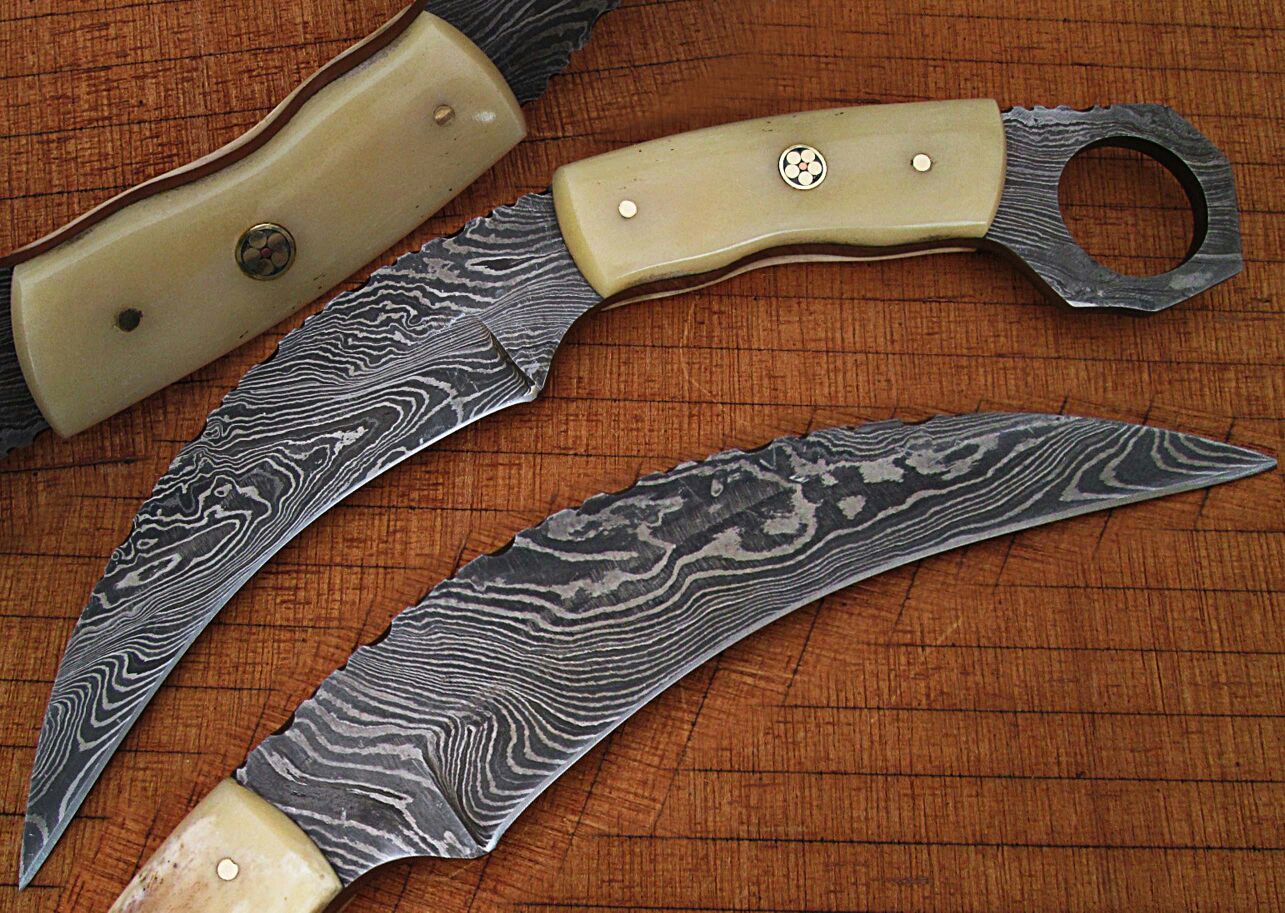 Custom Made Damascus Karambit Knife Bone Handle Beautiful Mosaic