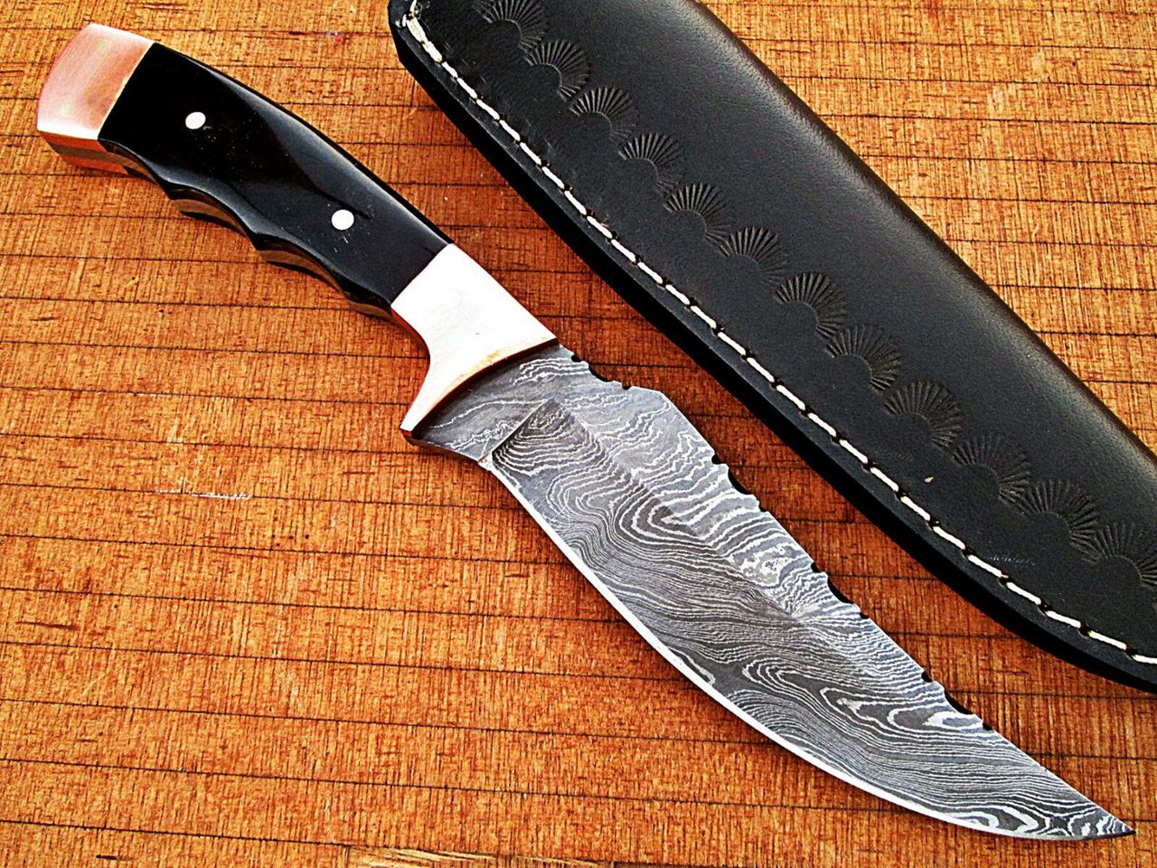 White Deer Deplorables Damascus Bowie Knife Buffalo Horn&Copper Bolster Trailin