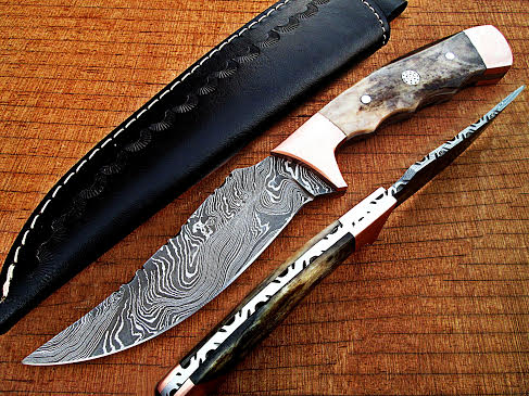 White Deer Damascus Steel Bowie W/Giraffe Bone & Copper Bolster EXCLUSIVE