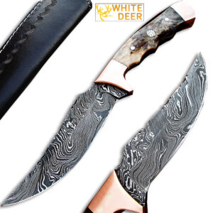 White Deer Damascus Steel Bowie W/Giraffe Bone & Copper Bolster EXCLUSIVE