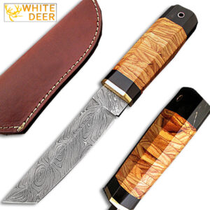 White Deer Rebel Nemesis Damascus Tanto Knife Custom Olive Wood Handle