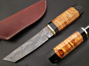White Deer Rebel Nemesis Damascus Tanto Knife Custom Olive Wood Handle
