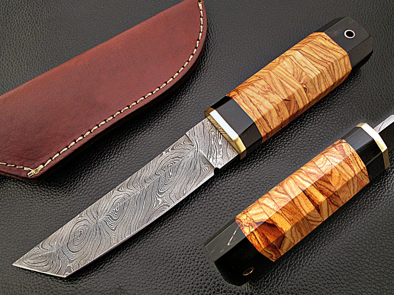 White Deer Rebel Nemesis Damascus Tanto Knife Custom Olive Wood Handle