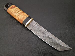 White Deer Rebel Nemesis Damascus Tanto Knife Custom Olive Wood Handle