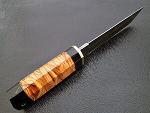 White Deer Rebel Nemesis Damascus Tanto Knife Custom Olive Wood Handle