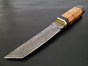 White Deer Rebel Nemesis Damascus Tanto Knife Custom Olive Wood Handle