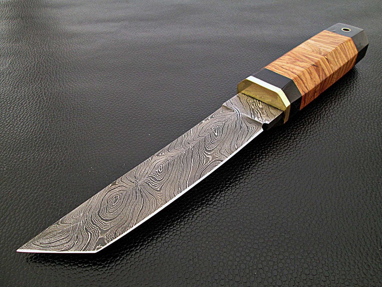 White Deer Rebel Nemesis Damascus Tanto Knife Custom Olive Wood Handle