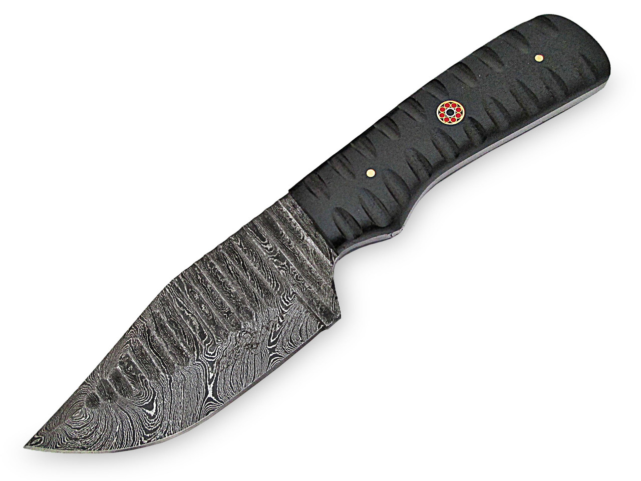 White Deer Custom Grooved Damascus Steel Knife Full Tang Black Micarta Handle