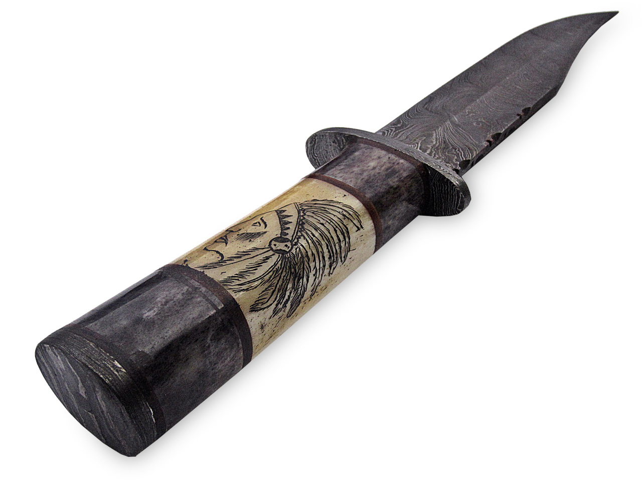 Out Back Damascus Steel Native Indian Scrimshaw Bowie