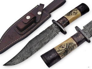 Out Back Damascus Steel Native Indian Scrimshaw Bowie