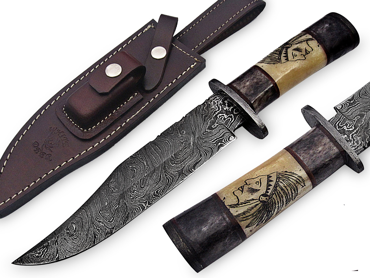 Out Back Damascus Steel Native Indian Scrimshaw Bowie