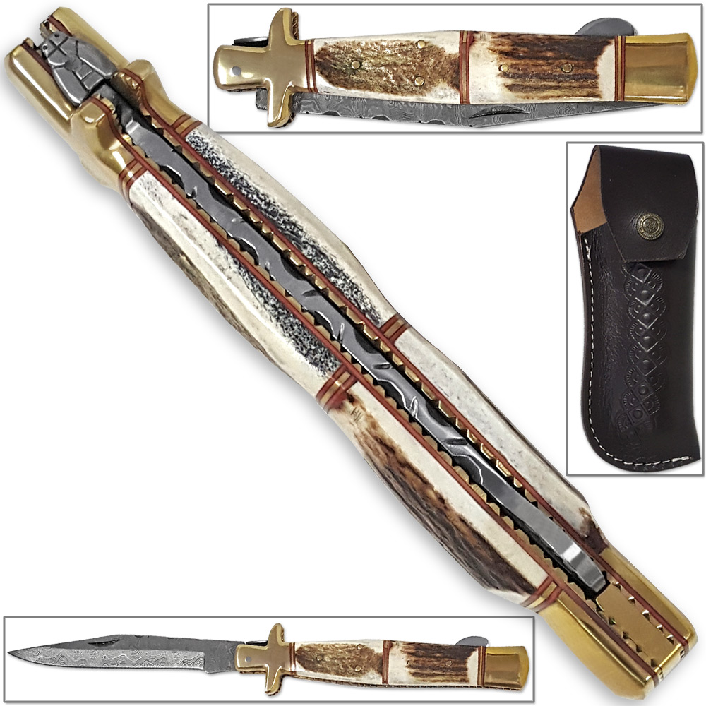 Tall Mans 11.25in Sicilian Damascus Knife Stag Grips Brass Bolstered