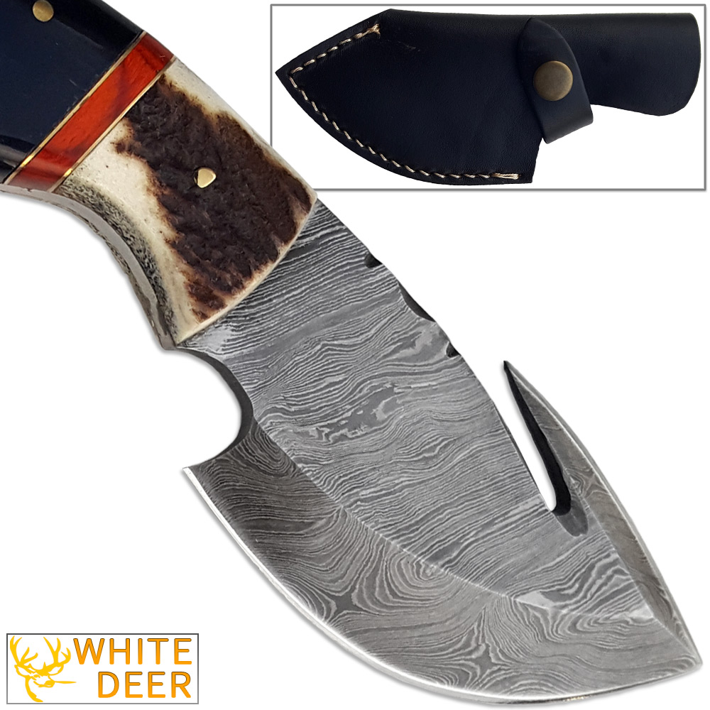 WHITE DEER Guthook Pattern Welded Damascus Steel Tracker Knife Skinner Stag Handle
