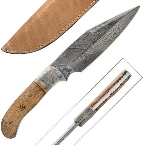 White Deer Custom Made Damascus Hunting Knife w/ Walnut-Wood Handle