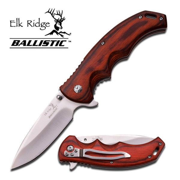 ELK RIDGE BALLISTIC SPRING ASSISTED  KNIFE - BROWN PAKKAWOOD