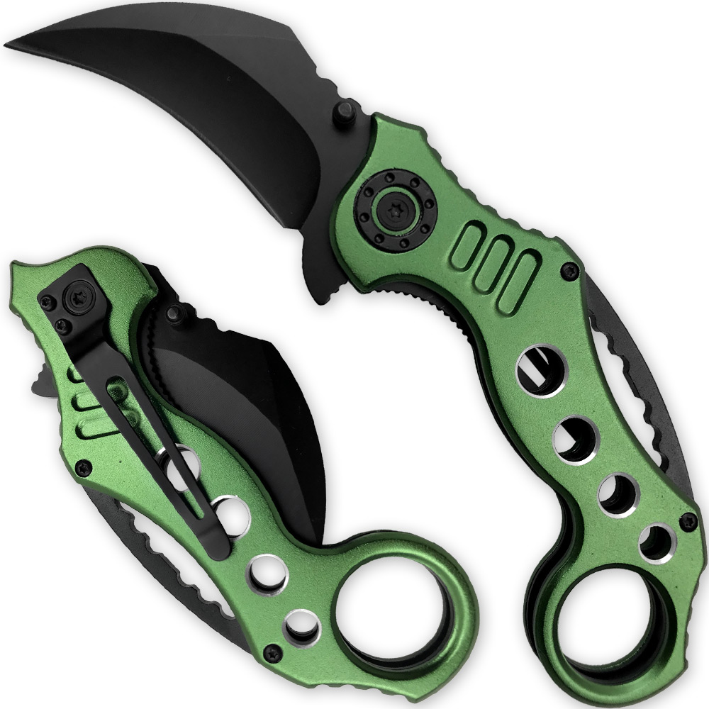 Tactical Extreme Karambit Knife | Spring Assisted Blade Green Handle