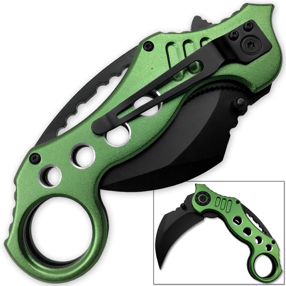 Tactical Extreme Karambit Knife | Spring Assisted Blade Green Handle