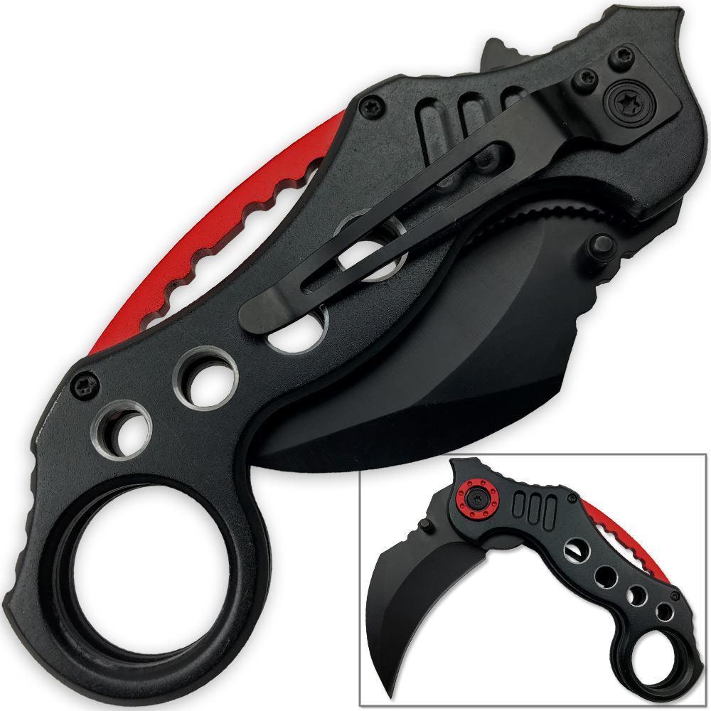Tactical Extreme Karambit Knife | Spring Assisted Blade Black & Red Handle