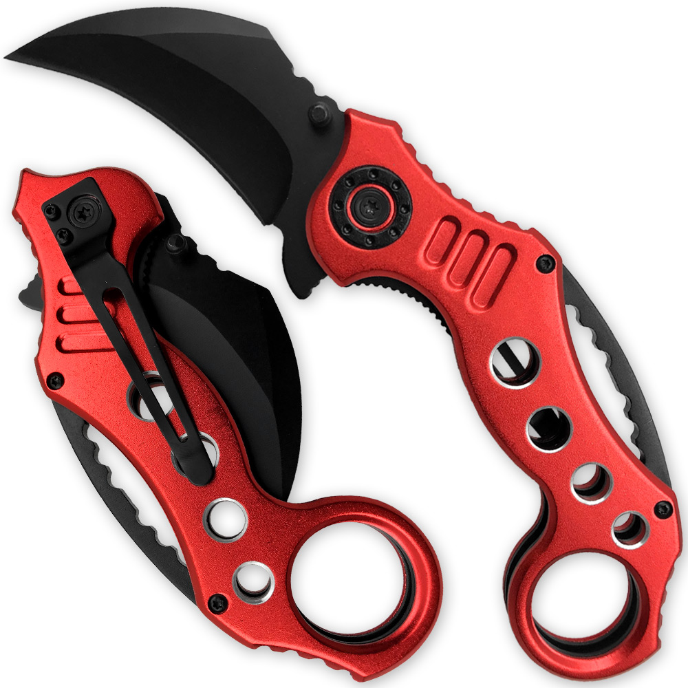 Tactical Extreme Karambit Knife | Spring Assisted Blade Red Handle