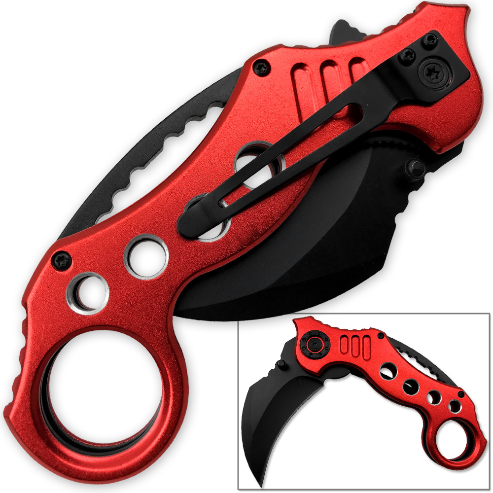 Tactical Extreme Karambit Knife | Spring Assisted Blade Red Handle