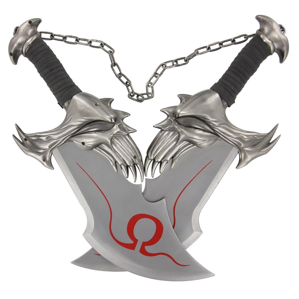 God Of War Twin Blade Short Dagger Set w Wall Plaque Steel Chain Linked