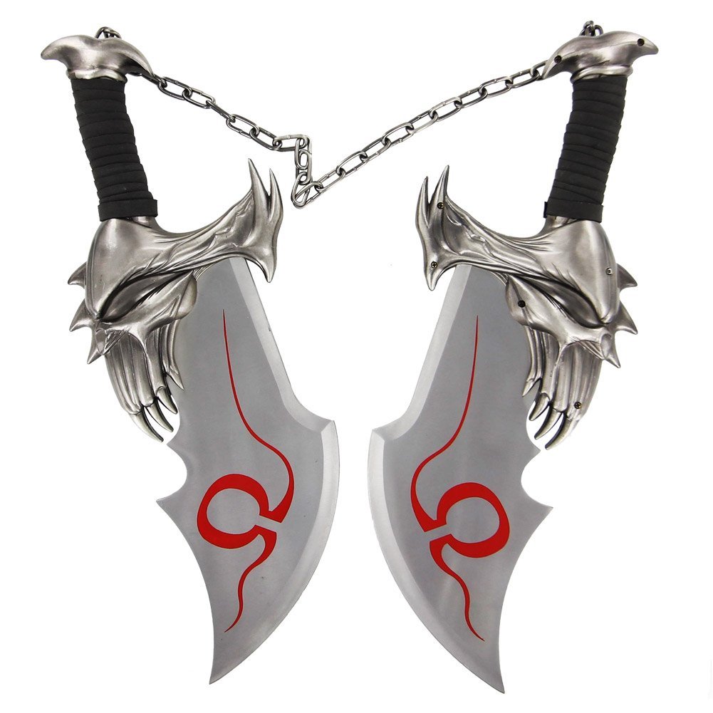 God Of War Twin Blade Short Dagger Set w Wall Plaque Steel Chain Linked