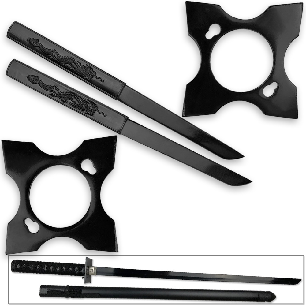 Ultimate Warrior Ninja Straitblade Katana Set All Black | Dual Knives, 2 Stars, 2 Kunai