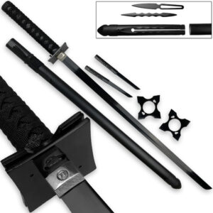 Ultimate Warrior Ninja Straitblade Katana Set All Black | Dual Knives, 2 Stars, 2 Kunai