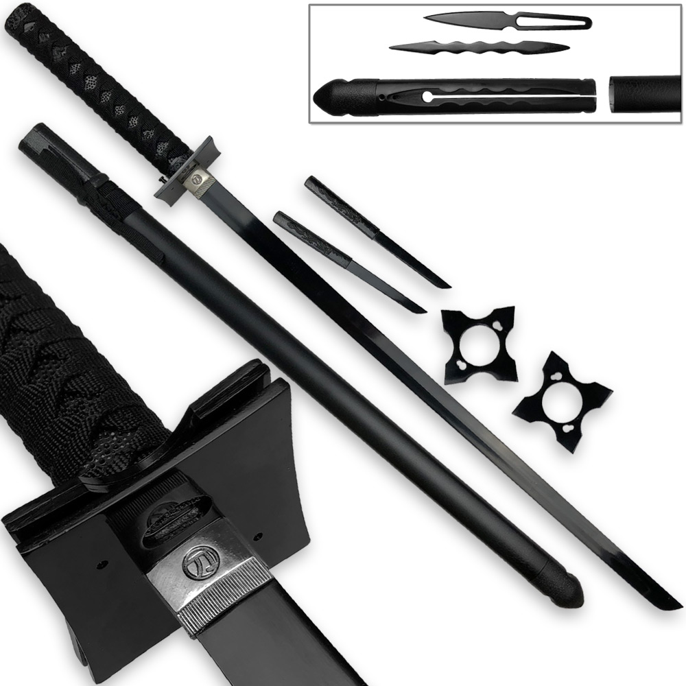 Ultimate Warrior Ninja Straitblade Katana Set All Black | Dual Knives, 2 Stars, 2 Kunai