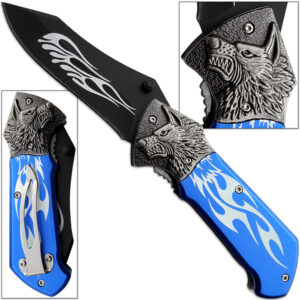 Alpha Wolf Super Sharp Knife Tribal Flame Folding Pocket Blue