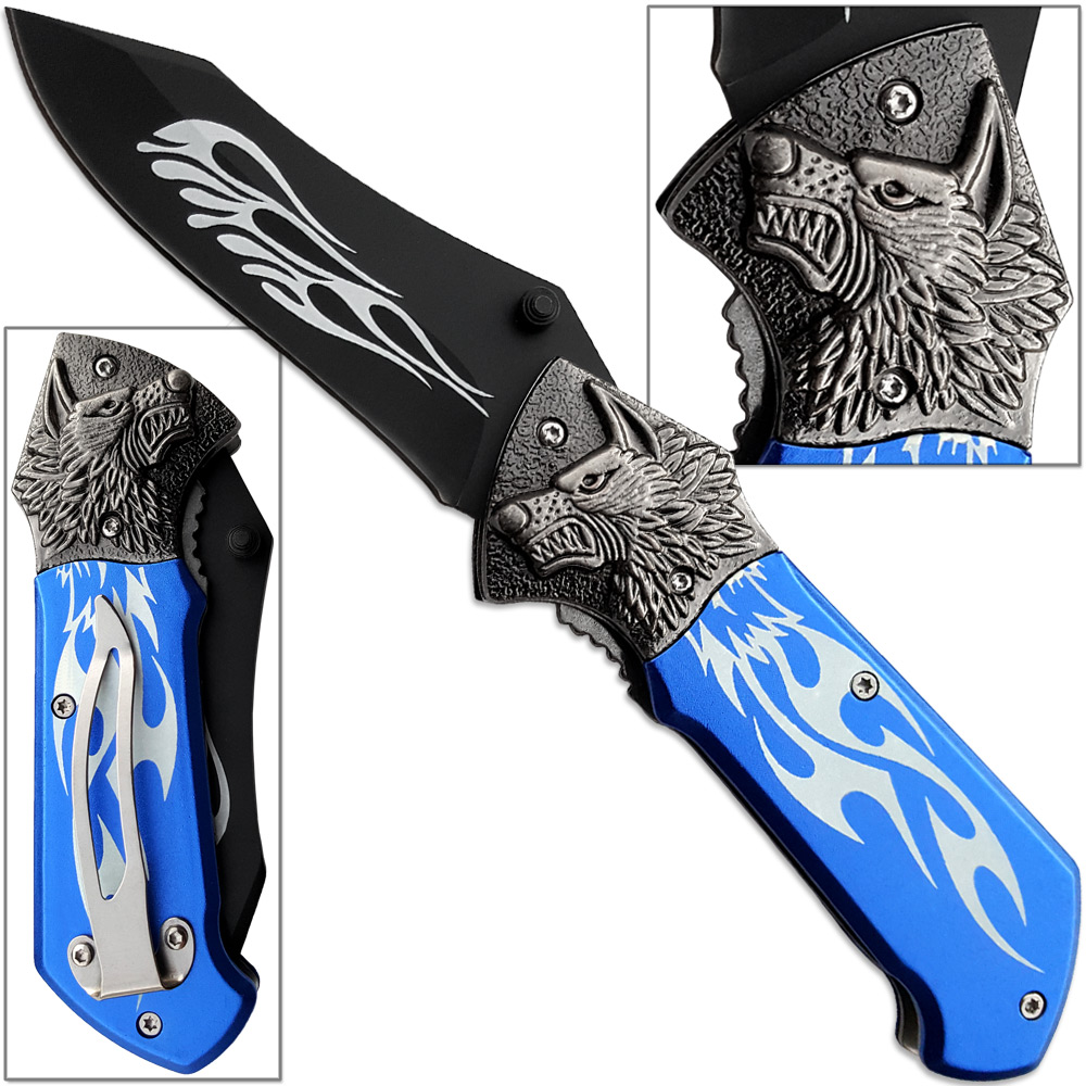 Alpha Wolf Super Sharp Knife Tribal Flame Folding Pocket Blue