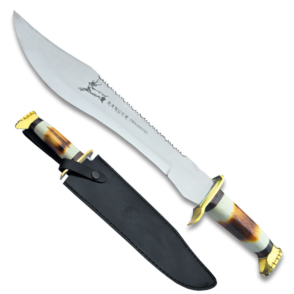 Crocodile Jungle Bowie 17" Hunting Knife Camel Bone Handle Super Sharp Sawback