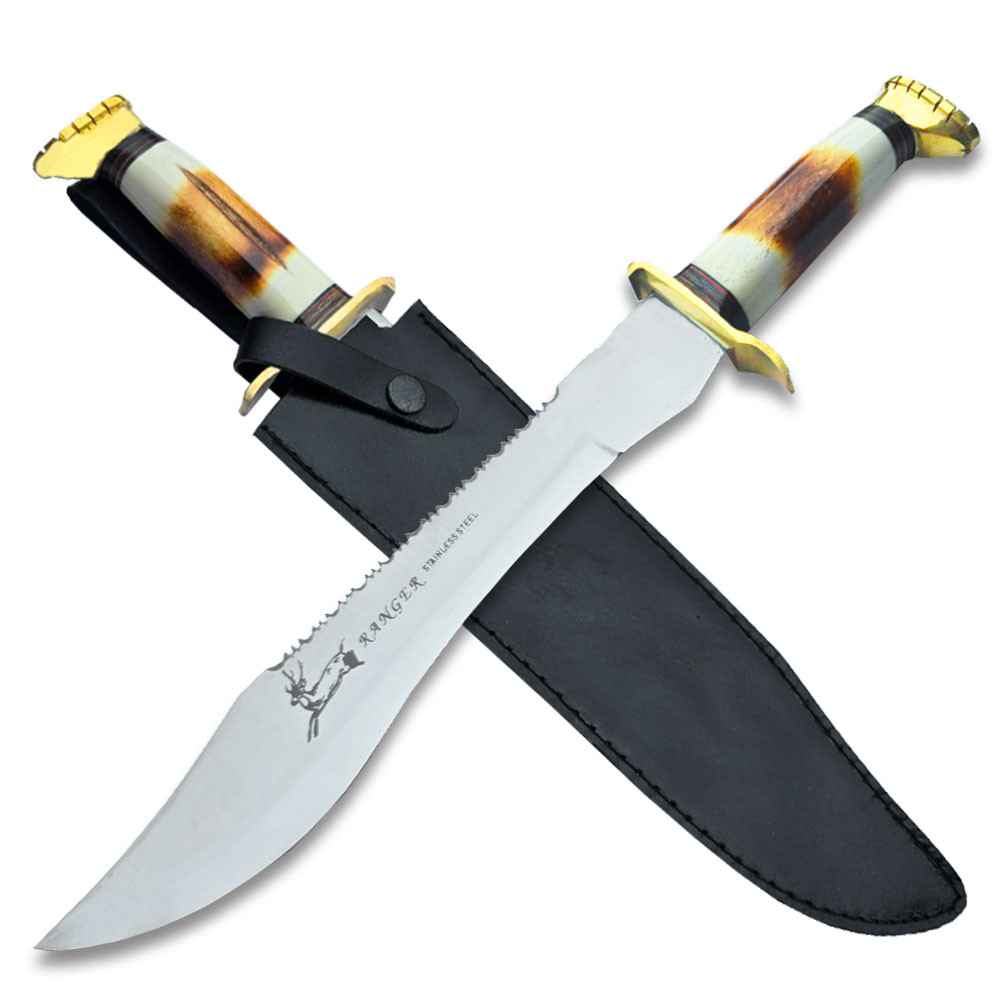 Crocodile Jungle Bowie 17" Hunting Knife Camel Bone Handle Super Sharp Sawback