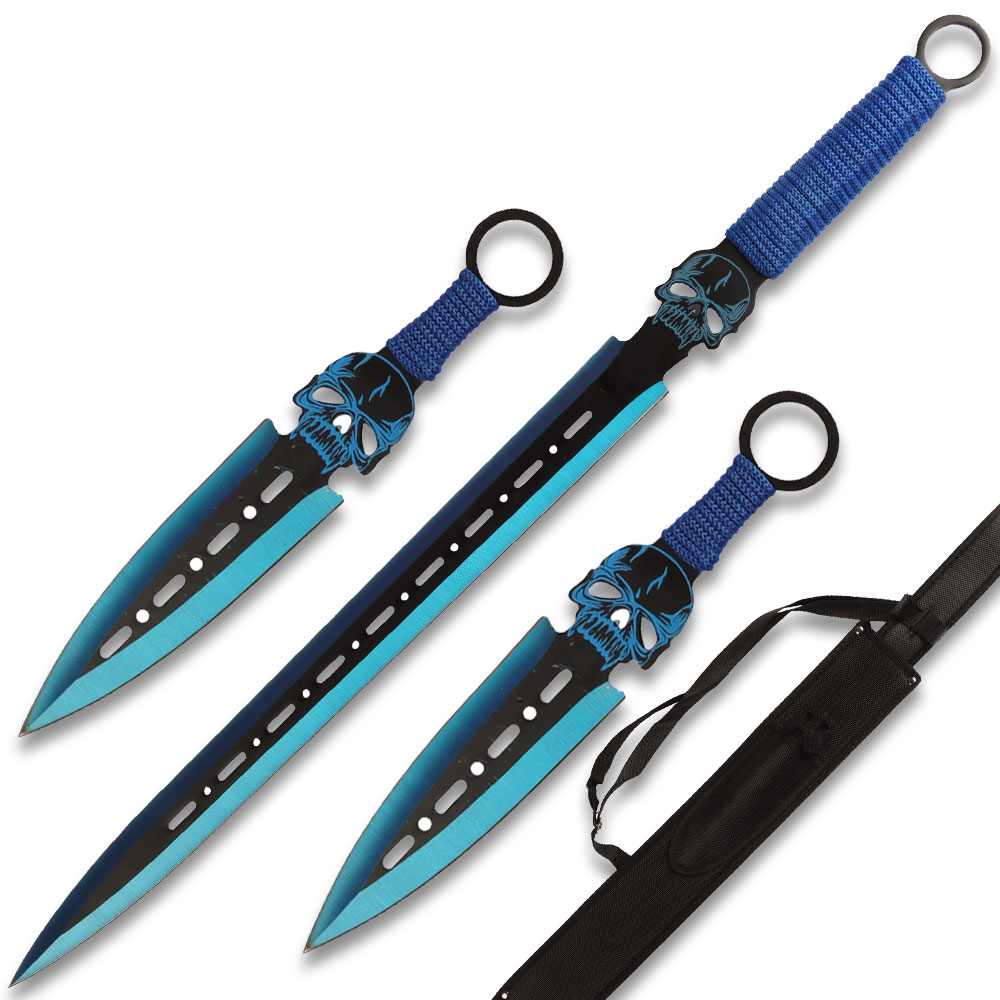 BLUE DEMON WARRIOR  SWORD 26.5" OVERALL 2 PCS THROWING KNIFE SET