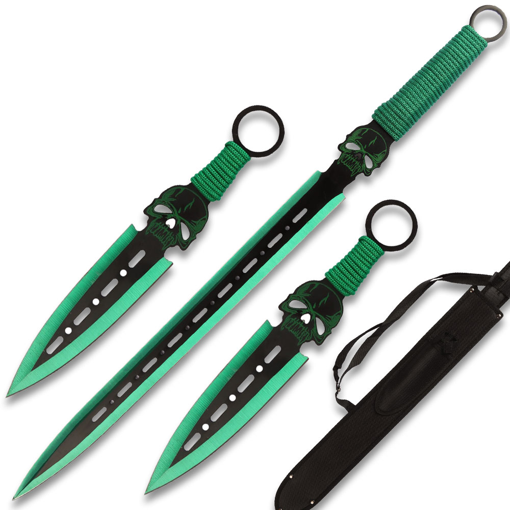 GREEN DEMON WARRIOR  SWORD 26.5" OVERALL 2 PCS THROWING KNIFE SET