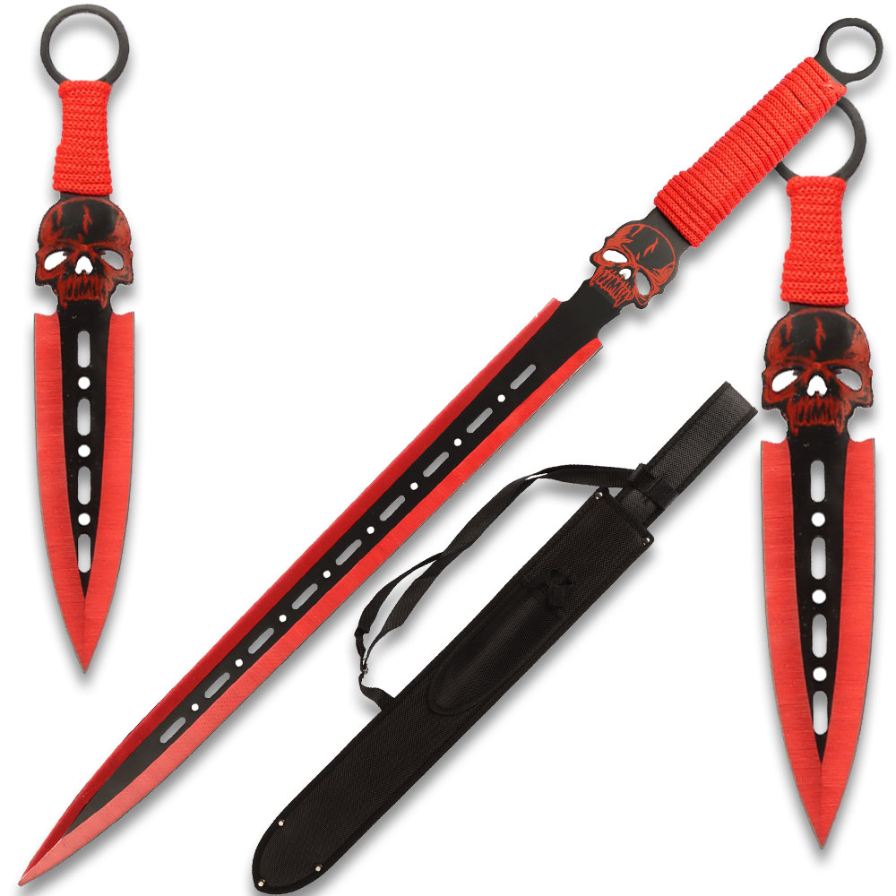 RED DEMON WARRIOR  SWORD 26.5" OVERALL 2 PCS THROWING KNIFE SET