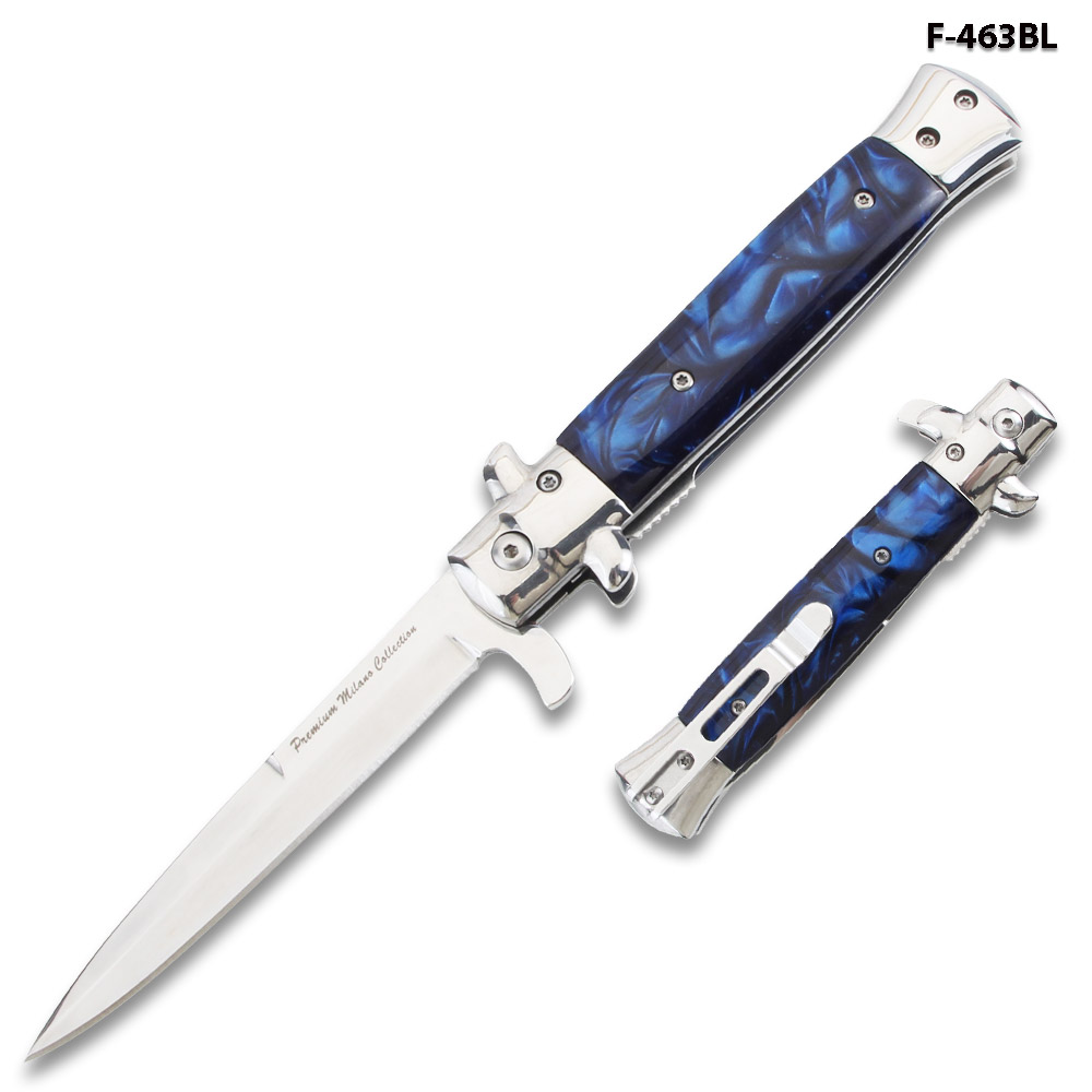 9"Premium Stiletto Milano Style Spring Assisted Marble Blue Handle