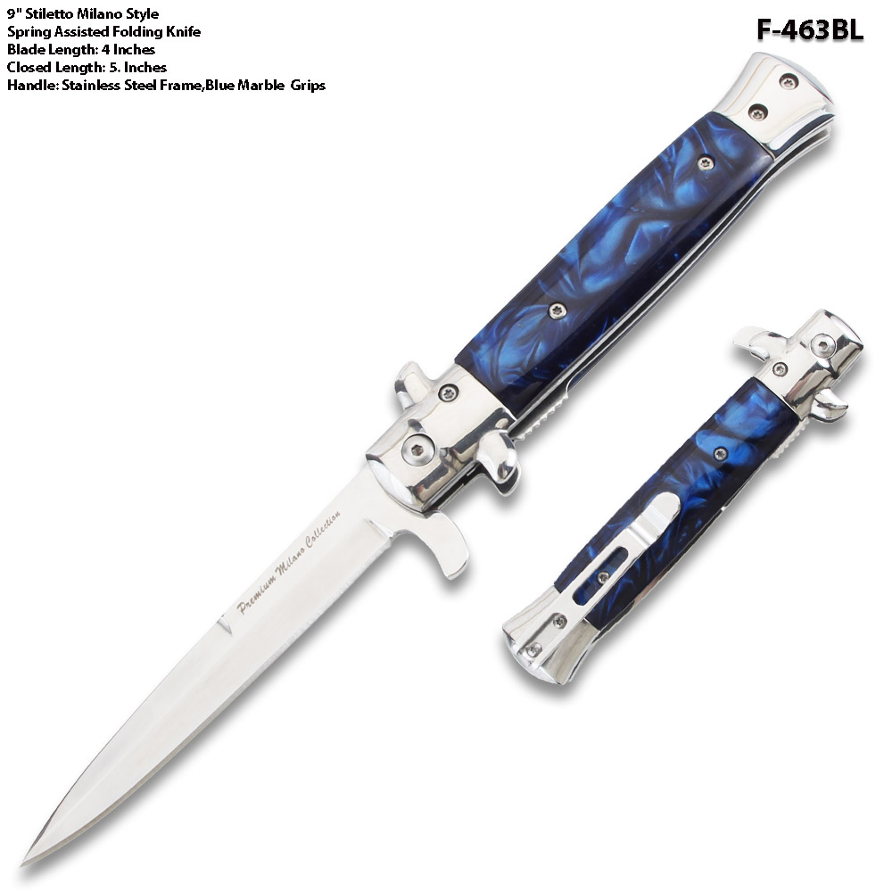 9"Premium Stiletto Milano Style Spring Assisted Marble Blue Handle
